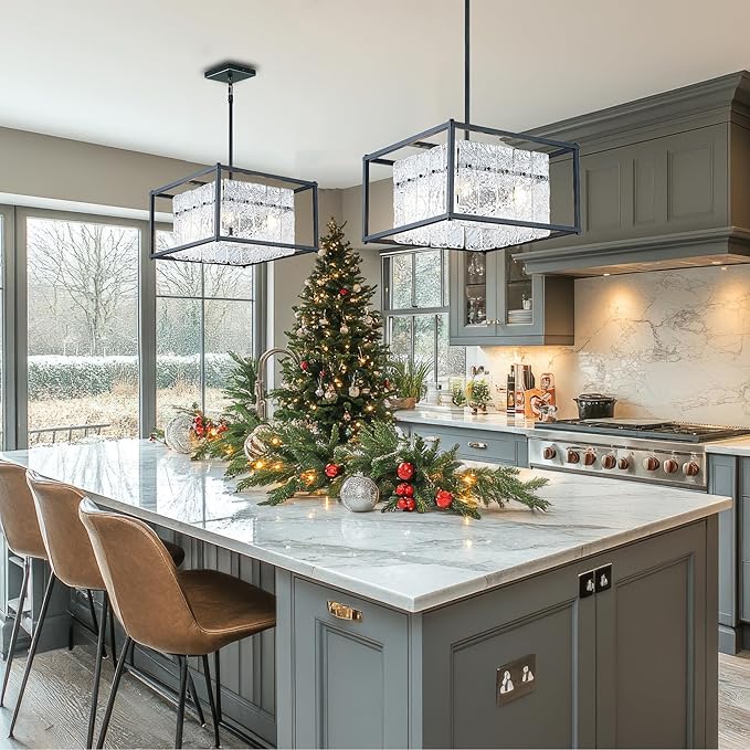 IKK Modern Foyer Chandelier, Black Crystal Chandelier for Dining Room, Square Entryway Light Fixture Hanging, Easily Adjustable Height Glass Chandeliers for Kitchen Island, Elegant Water Ripple
