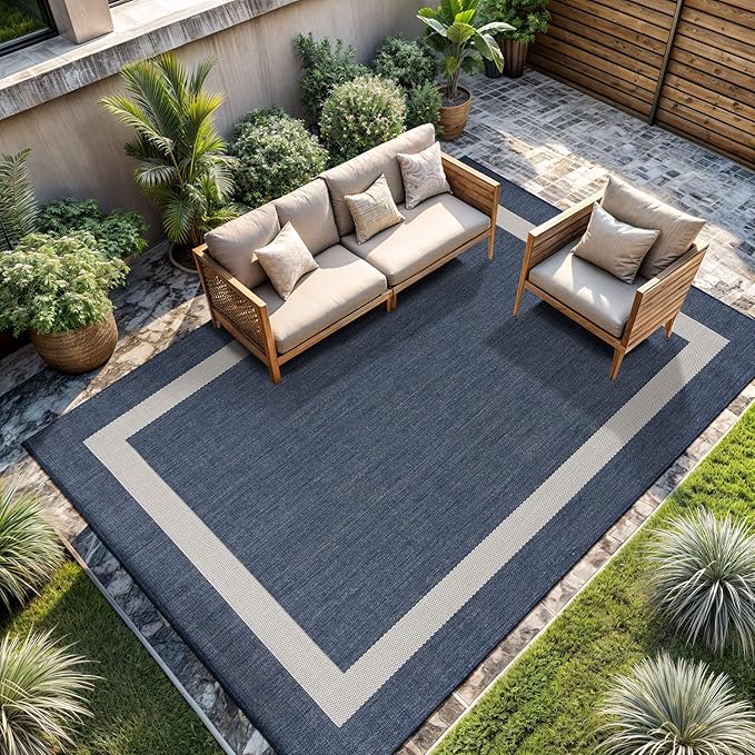 CAMILSON Outdoor Rug 9x12, Large Modern Outside Rugs for Patios Porches Waterproof Durable Washable Non-Shedding, Easy-to-Clean Indoor Outdoor Area Carpet (9 x 12, Bordered - Blue/White)