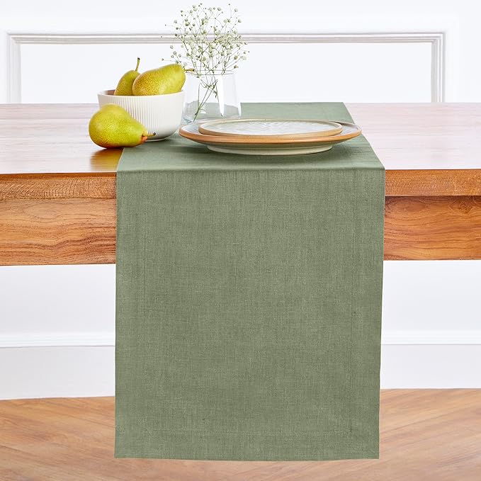 Solino Home Linen Oil Green Table Runner 144 Inches Long - 100% Pure Linen Extra Long Table Runner 14 x 144 Inch for Fall, Autumn, Thanksgiving - Fete