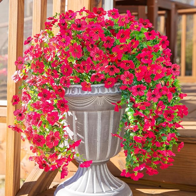 INSPRING Artificial Faux Outdoor Outside Flowers Plants, 2 PCS Fake Silk UV Resistant Look Real Hotpink Daisy Trailing Vines for Front Door Porch Planter Urn Patio Balcony Decoration