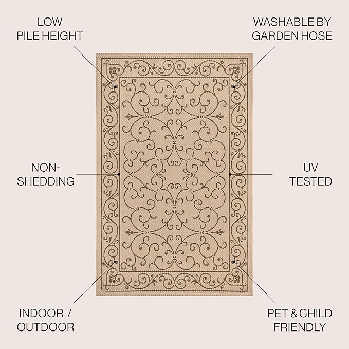 JONATHAN Y Vintage Filigree Indoor Outdoor Round Area Rug 4 Ft Beige/Brown, Charleston Textured Weave for Backyard, Patio, Porch, Easy-Cleaning, High Traffic, Pet-Friendly, Non-Shedding (SMB106A-4R)