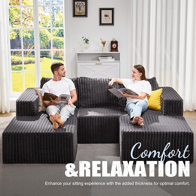 Hobestluk Modular Sectional Sofa Memory Foam Couch Oversized Sectional Sofa 3-Seater with Chaises Cloud Couch with Removable Cover U Shaped Sofa for Living Room (Strip Grey, U Shape)