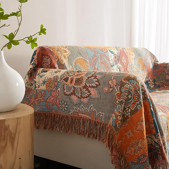 Boho Throw Blanket for Bed 80”x90”, 100% Cotton Woven Blanket for Couch Sofa, Ultra Soft 4-Layer Muslin Quilt with Patchwork Floral Printed, Farmhouse Bed Blanket/Cover for Living Room Decor