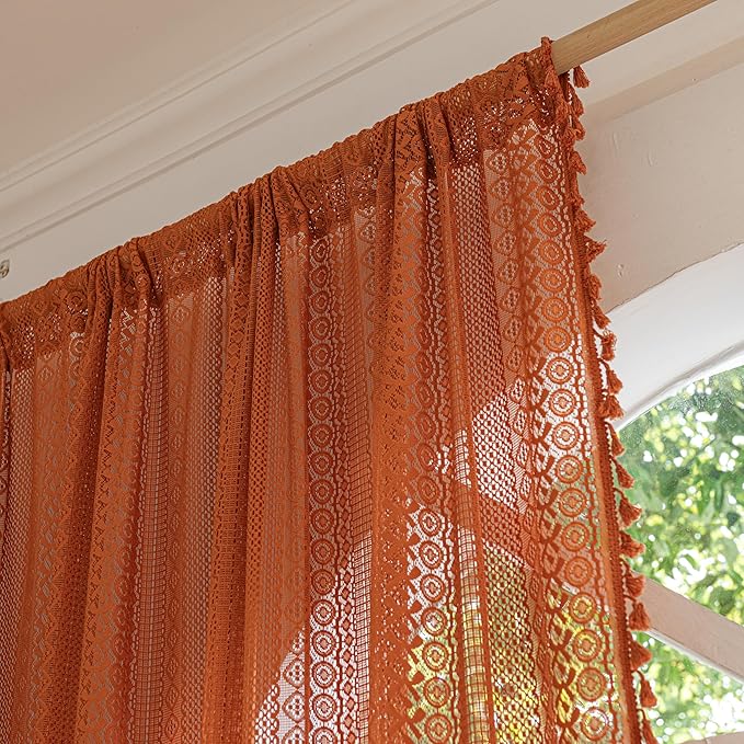Sutuo Home Burnt Orange Boho Curtains 102 inches Long for Bedroom Dining Room, Crochet Lace Sheer Bohemian Tassels Hollow Knitted,Window Treatment Drapes Fall Decor, Rod Pocket 1 Panel 59" W x 102" L