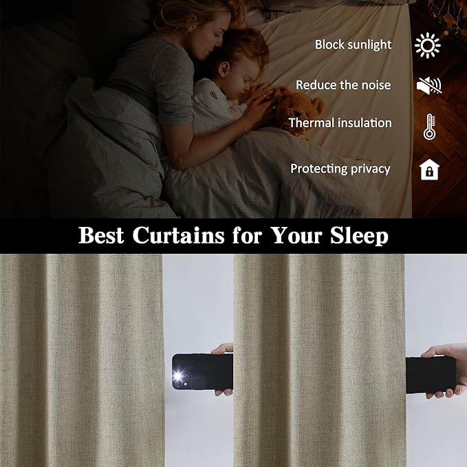 RAIN CITY 102 Inch Long Blackout Curtains for 2 Panels,Energy Efficinet Room Darkening Linen Blend Textured Curtains with Hooks,Track System Black Out Curtains for Living Room Bedroom,2 Panels,Taupe