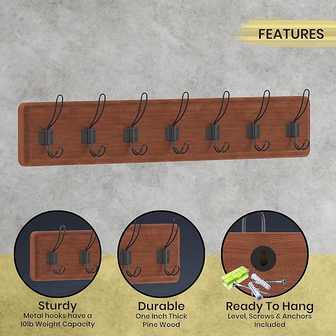 HBCY Creations Rustic Brown Solid Wood Wall Mounted Coat Rack with Shelf, 7 Hooks, 34" Long - Kitchen, Mudroom, Entryway, Bathroom - Includes Mounting Hardware, Coat Hanger, Dog Leash Hooks