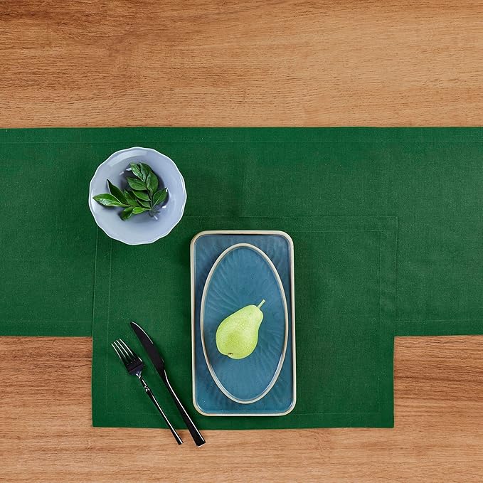Solino Home Linen Table Runner 72 Inches Long - 100% Pure Linen Pine Green Dining Table Runner 14 x 72 Inch for Fall, Autumn, Thanksgiving - Fete