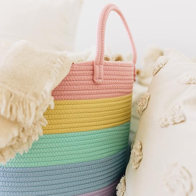 OrganiHaus Cute Basket for Pastel Rainbow Classroom Decor 20x13, Toy Basket Storage for Kids Room, Toy Bins for Kids Organizer, Large Blanket Basket Living Room, Rainbow Storage Bins, Nursery Hamper