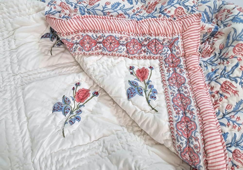 Queen Size Rose Pink Cotton Throw Blanket – Hand Block Printed 90x108 Bedspread – Lightweight Soft Quilt for Sofa, Couch, or Bed – Cozy All-Season Boho Blanket