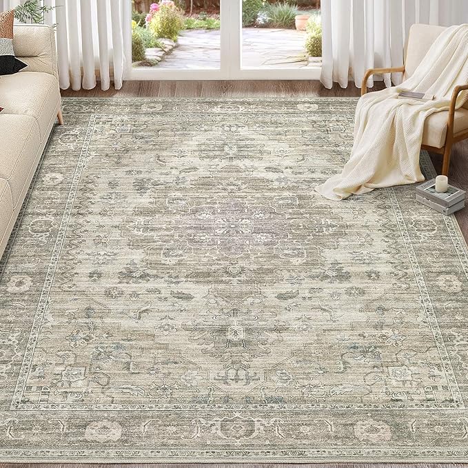 Washable Area Rugs for Living Room -9x12 Neutral Vintage Distressed Floral Farmhouse Boho Large Soft Floor Rug Indoor Non Slip Carpet for Living Room Bedroom Dining Room Office - Brown/Tan