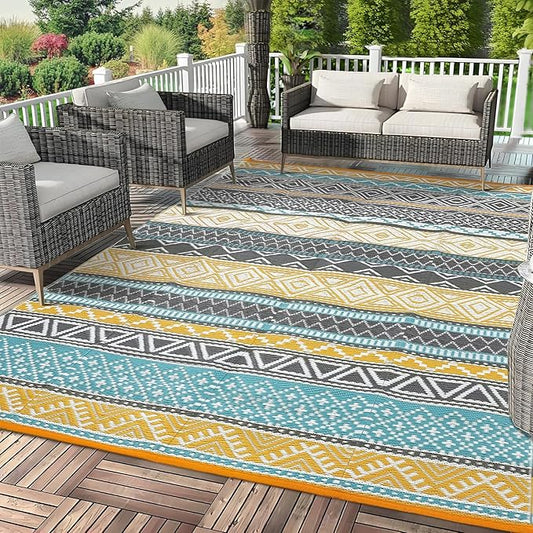 GAOMON Reversible Outdoor Rug 9'x18' Waterproof Plastic Straw Rug, Patio Rug, Large Modern Area Rug Carpet, Indoor Outdoor Rugs for Camping, Porch, Deck, Balcony, Backyard, Teal/Yellow(Bohemia)