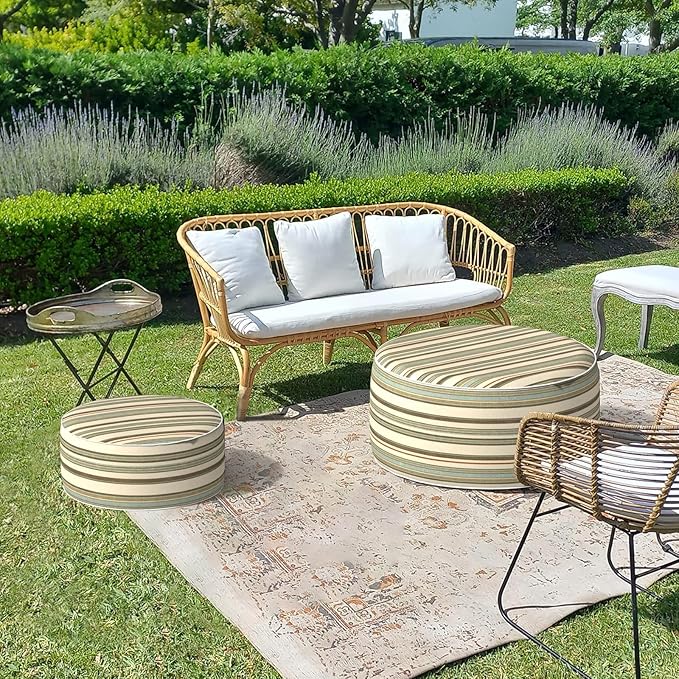 LVTXIII Inflatable Stool Ottoman Footrest with Handle, Decorative Fade-Resistant Foot Stool, Indoor or Outdoor Pouf for Home Garden and Camping Use, 21x21x9, Stripe Onyx