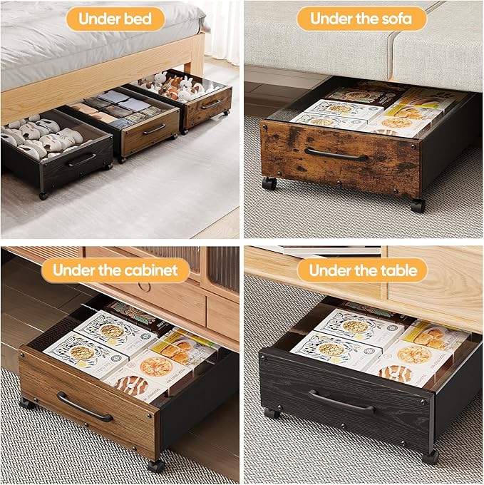 Wooden Under Bed Storage with Wheels, Rolling Under the Bed Storage Bins with Removable Lid, Metal Under Bed Drawers for Clothes and Shoes in Bedroom or Living Room(Walnut Brown-1pack)