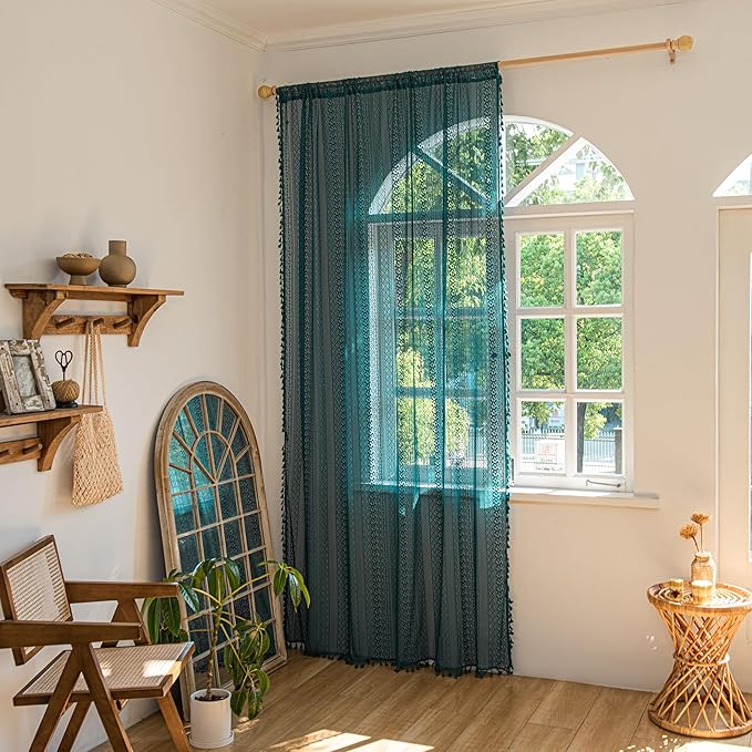 Sutuo Home Boho Curtains 72 inches Long for Bedroom Living Room, Crochet Lace Sheer Bohemian Hollow Knitted with Tassels, Rod Pocket Window Treatment Drapes, 1 Panel 59" W x 72" L, Turquoise