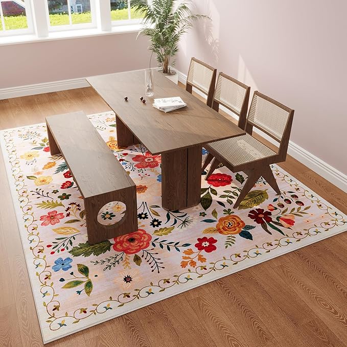 Area Rugs 9x12 Living Room Clearance Washable Boho Rug Non Slip Floral Vintage Low Pile Large Rug for Living Room, Bedroom, Farmhouse, Dining Room, Kids Playroom(Beige)