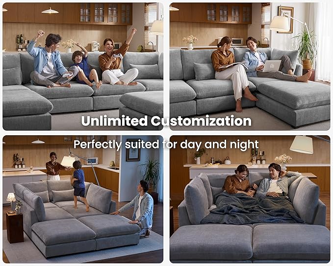 Oversized Modular Sofa, Extra Deep Cloud Chenille Sectional Couch with Ottoman Chaise, Fluffy Chenille 3 Seater Sofa for Living Room, Villa (Basic 3 Seater, Chenille Grey)