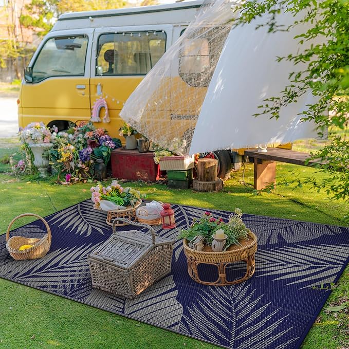 GENIMO Outdoor Rug 8' x 10' Waterproof for Patios Clearance, Reversible Outdoor Plastic Straw Camping Rug Carpet, Large Area Rugs Mats for RV, Camper, Deck, Balcony, Porch, Beach, Navy Blue&Grey