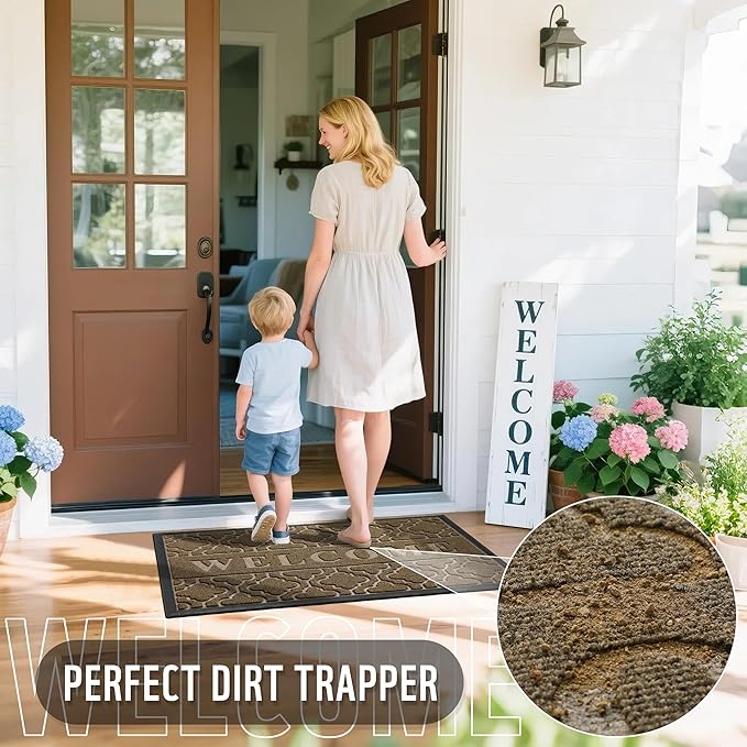 Yimobra Fall Welcome Mat Outdoor Indoor 29.5x17, All-Weather Waterproof Outdoor Mats for Front Door, Non-Slip Low Profile Porch Patio Doormat, Coffee