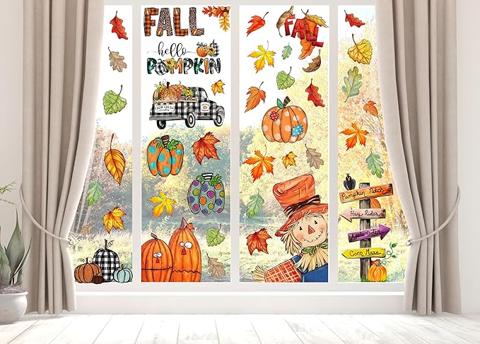 Fall Window Clings Decorations for Glass Fall Watercolor Pumpkin Maple Leaves Scarecrow Truck Window Stickers for Autumn Thanksgiving Harvest Party Home Window Decals Decor