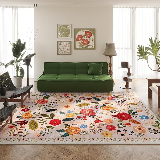 Area Rugs 9x12 Living Room Clearance Washable Boho Rug Non Slip Floral Vintage Low Pile Large Rug for Living Room, Bedroom, Farmhouse, Dining Room, Kids Playroom(Beige)