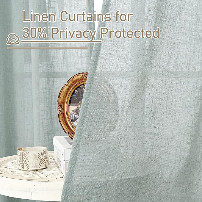 LAMIT Sheer Linen Curtains 63 inches Long for Bedroom, Bronze Grommet Linen Drapes Light Filtering Semi Sheer Curtains for Small Window/Farmhouse, 2 Panels (52 x 63 Inch, Greyish Blue)