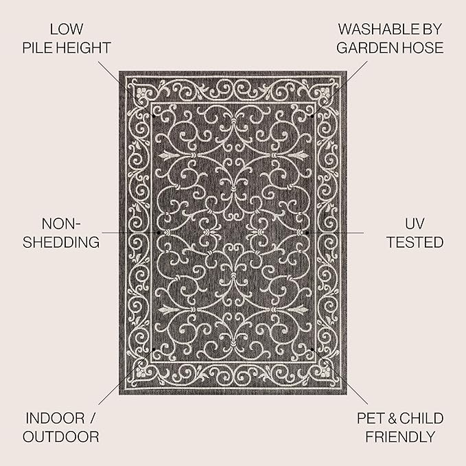 JONATHAN Y Vintage Filigree Indoor Outdoor Square Area Rug 8X8 Black/Gray, Charleston Textured Weave for Backyard, Patio, Porch, Easy-Cleaning, High Traffic, Pet-Friendly, Non-Shedding (SMB106G-8SQ)