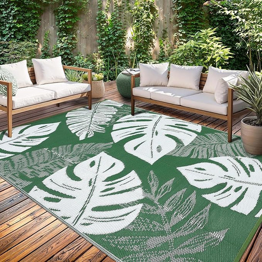 GAOMON Outdoor Rug 8x10 Patio Waterproof Reversible Plastic Straw Rug Modern Foldable Lightweight RV Camping Mat with Portable Bag & 4 Stakes, UV Resistant & Sturdy for Picnic Deck Balcony, Green