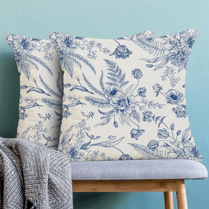 CXMEIFLY Spring Floral Leaves Pillow Covers 20 x 20 Inch Set of 2 for Chinoiserie Flowers Decor Throw Pillows Blue and White Seasonal Plant Outdoor Decorative Cushion Cases for Couch Bed Decorations