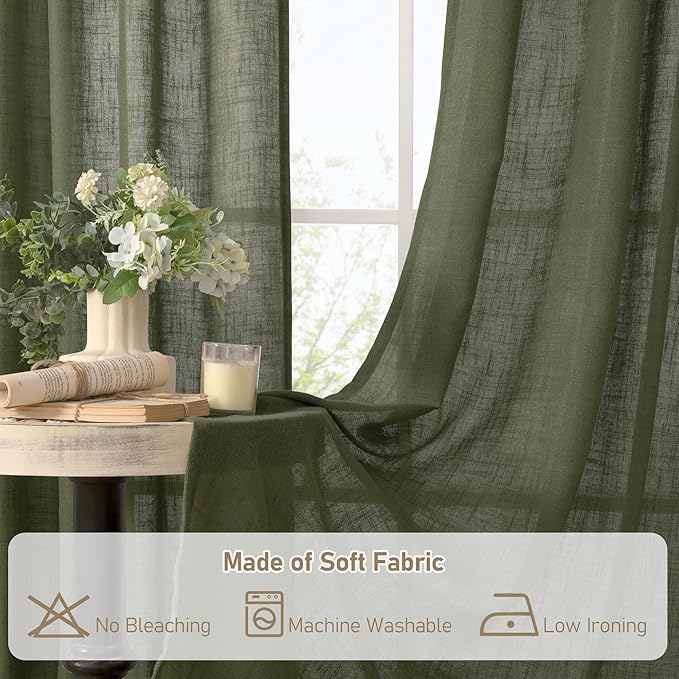 LAMIT Olive Green Light Filtering Linen Curtains, 54 inch Length Linen Textured Semi Sheer Bronze Grommet Christmas Room Drapes for Bedroom/Living Room, 2 Panels, 52 x 54 Inch