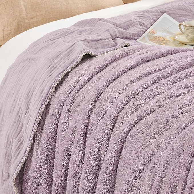 EMME Muslin and Fleece Queen Blanket Reversible - 80"*90" Lavender Soft Warm Throw Blankets for Couch Bed Picnic Travel Bed