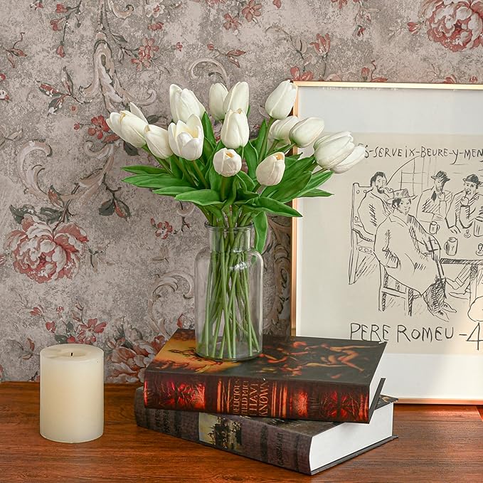 Mandy's Artificial Tulips 60 Stems White PU Faux Flowers for Wedding Home Decor 13.5 Inch