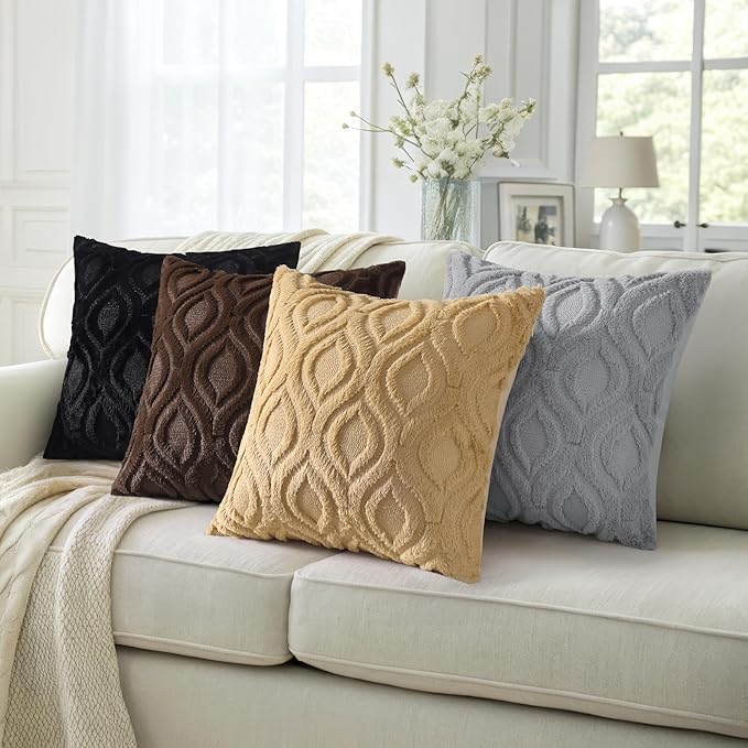 decorUhome Fall Throw Pillow Covers 22x22 Inch Set of 2, Soft Plush Decorative Faux Fur Black Solid Couch Pillow Covers, Accent Farmhouse Neutral Square Euro Pillow Cases for Sofa Bed Living Room