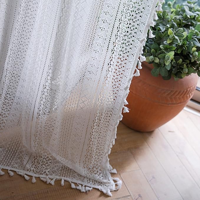 Sutuo Home Boho Sheer Curtain Valance Crochet Lace with Bohemian Hollow Knitted Handmade Tassels, Short Farmhouse Window Treatment for Kitchen Cafe, Rod Pocket, 1 Panel 59" W x 18" L, White