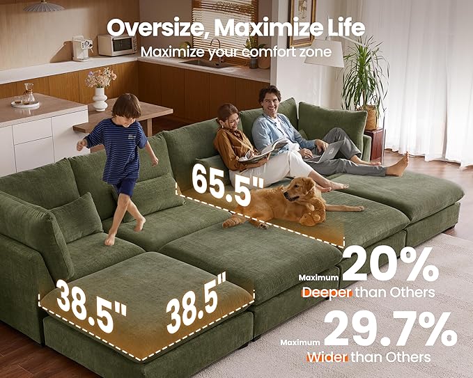 Oversized Modular Sofa, Extra Deep Cloud Chenille Sectional Couch with Ottoman Chaise, Fluffy Chenille 2 Seater Sofa Bed for Living Room, Villa (Sofa Bed 4 Seater, Chenille Green)