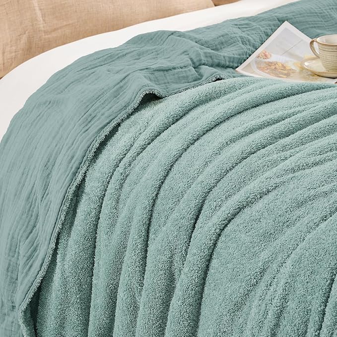 EMME Muslin and Fleece Twin Blanket Reversible - 60"*80" Teal Soft Warm Throw Blankets for Couch Bed Picnic Travel Bed