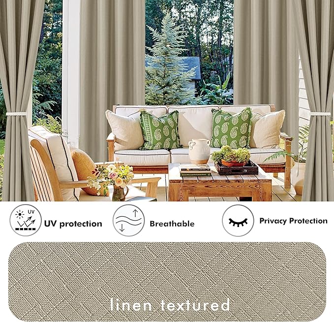 HolidayIdeas 4 Panels Linen Outdoor Curtains for Patio Waterproof Taupe Outside Curtains 110"x120"-Indoor/Outdoor Gazebo Wide Curtains Weatherproof, Privacy for Pergola, Porch, Cabana, Deck, Sunroom