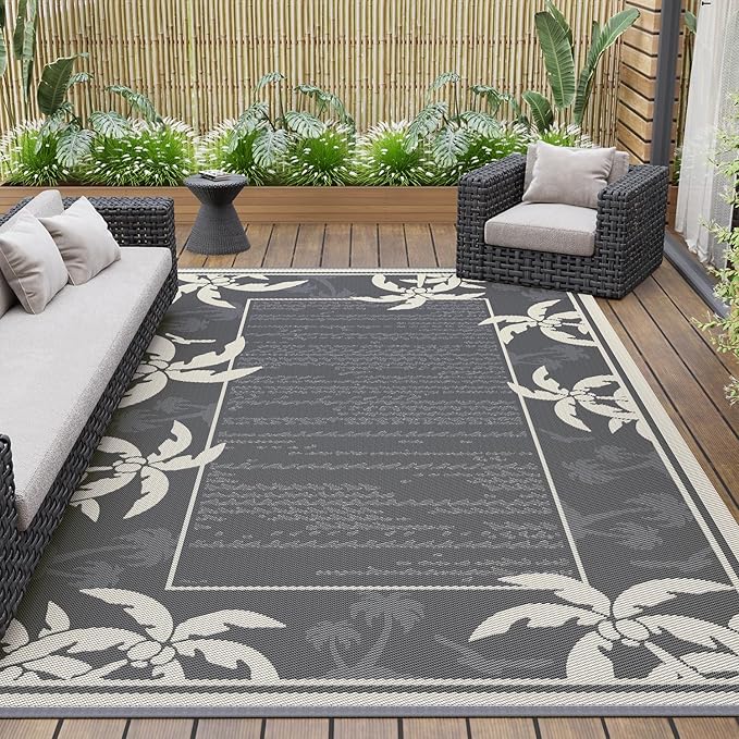COCOER Outdoor-Rug 6x9 ft Waterproof Reversible Outdoor Plastic Straw Rug RV Indoor Outdoor Carpet Quick Dry Patio Rug Camping Mat for Balcony Backyard Picnic Beach-Grey&Beige