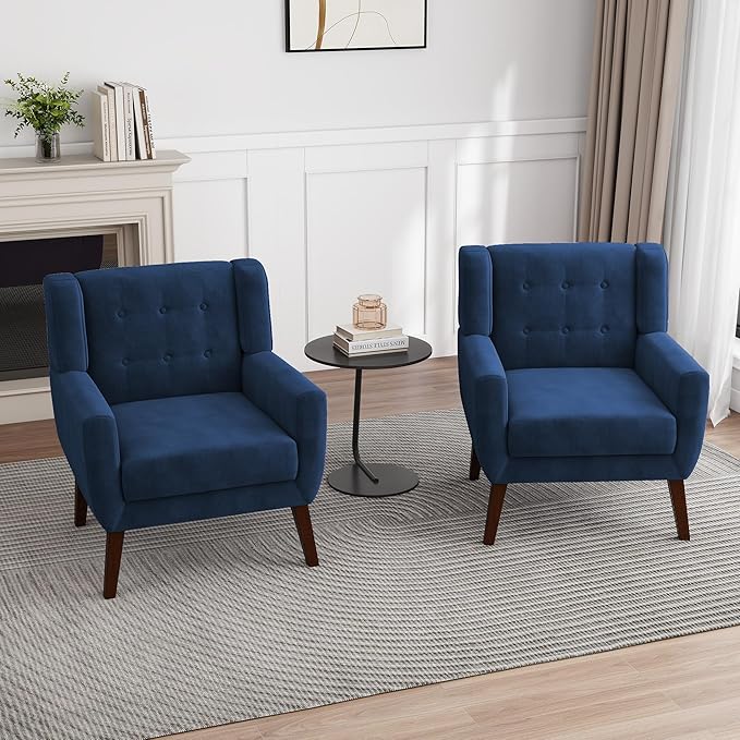 UIXE Accent Chair, Velvet Upholstered Armchair for Living Room, Modern Club Arm Chairs Comfy Single Sofa Button Tufted Bedroom Reading Seat - Royal Blue, Set of 4