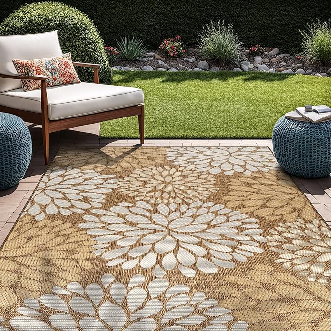 Beverly Rug Outdoor Rug 6x9 Modern Exotic Tropical Leaf Area Rugs for Indoor and Outdoor Patio Deck Porch Garden Water Resistant Washable Outside Carpet (6 x 9 Wooden)