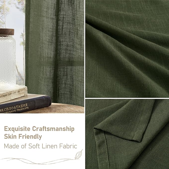 LAMIT Olive Green Sheer Linen Curtains 84 Inches Long for Living Room, Light Filtering Christmas Window Treatments Semi Sheer Neutral Drapes with Bronze Grommet for Bedroom, 52 x 84 Inch, 2 Panels Set