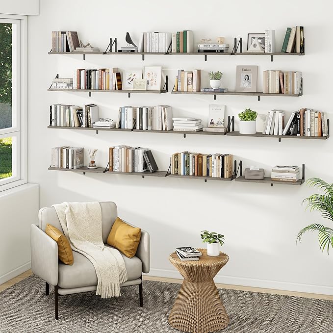Heimlove 48 Inch Large Floating Bookshelves Set of 3,Wall Mounted Bookshelves,Heavy Duty Bracket Shelves for Living Room,Bedroom,Kitchen,Laundry Room Storage & Decor,Rustic Silver Grey