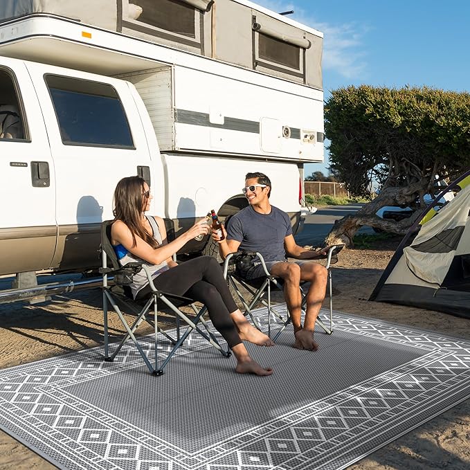 GENIMO Outdoor Rug Waterproof for Patio, 9'x12' Reversible Plastic Straw Outdoor Carpet, Camping Outside Mat for Outdoor Decor, RV, Deck, Camper, Balcony, Picnic, Grey & White