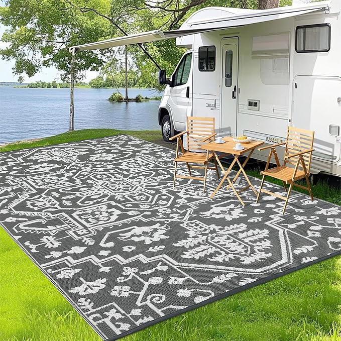 Outdoor Rug 8x10 Waterproof Reversible Plastic Straw Mat, UV-Resistant Vintage Medallion Camping Carpet for Patio, Deck, Balcony, Picnic, Large Outside Floor Mat, Grey White