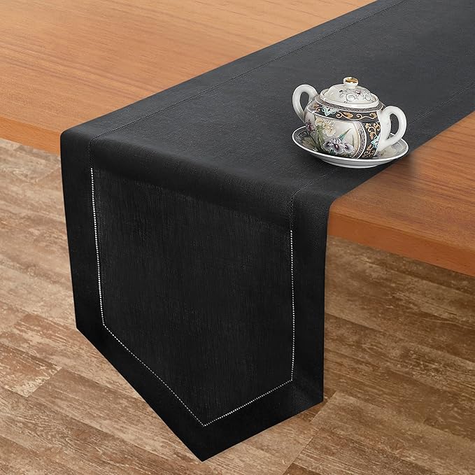 D'Moksha Homes Black Linen Table Runner 108 Inches Long - 100% Pure Linen Diamond Table Runner 14 x 108 Inch for Dining, Fall and Halloween - Machine Washable