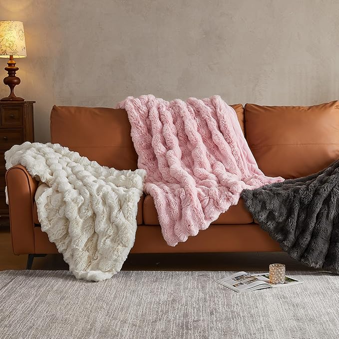 JELLYMONI Faux Fur Throw Blanket, White Fuzzy Cozy Plush Bubble Bed Blanket, Thick and Warm, Twin (60" x 80")