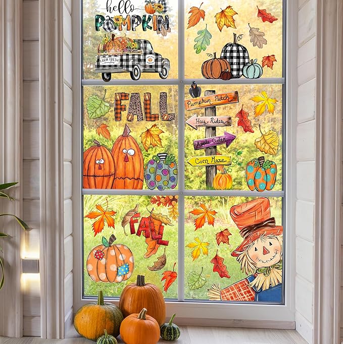 Fall Window Clings Decorations for Glass Fall Watercolor Pumpkin Maple Leaves Scarecrow Truck Window Stickers for Autumn Thanksgiving Harvest Party Home Window Decals Decor