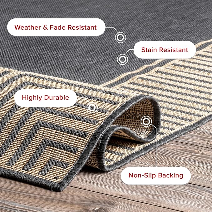 nuLOOM 8' x 10' Outdoor Area Rug, Casual Design With Striped Border, Stain Resistant, Highly Durable, For Patio, Balcony, Bedroom, Living Room, Dining Room, Bathroom, Dark Grey