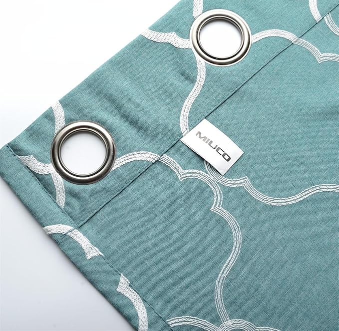 MIUCO Moroccan Embroidered Semi Sheer Curtains Faux Linen Grommet Window Panel Pair for Bedroom 52 x 63 Inch, Teal