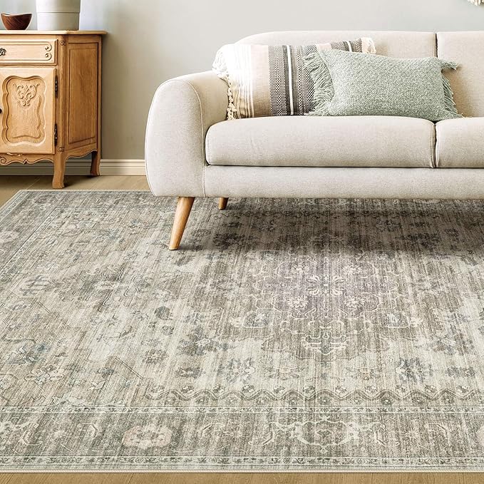 Washable Area Rugs for Living Room - 5x7 Neutral Vintage Distressed Floral Farmhouse Boho Large Soft Floor Rug Indoor Non Slip Carpet for Living Room Bedroom Dining Room Office - Brown/Tan