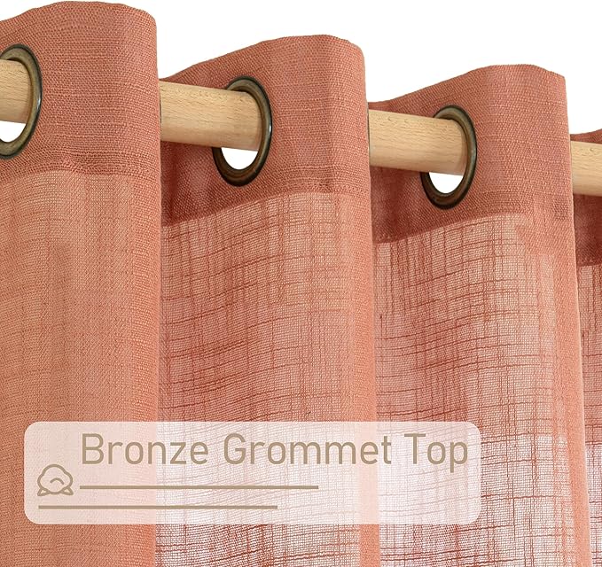 LAMIT Short Linen Window Curtains 30 Inches Long 2 Panels, Terracotta Semi Sheer Light Filtering Panels Bronze Grommet Room Decor Drapes for Basement/Small Windows, 34 x 30 Inch